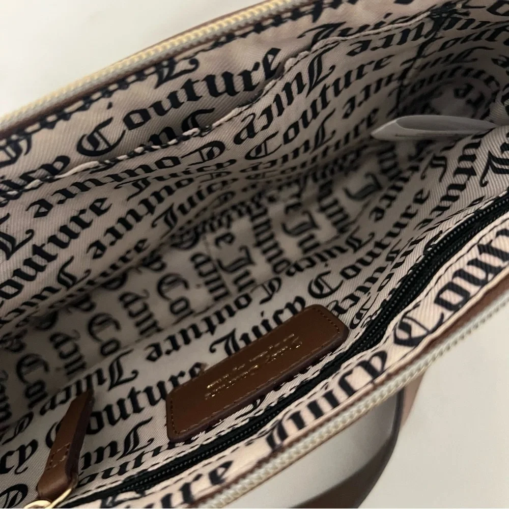 Juicy Couture Women Shoulder Bag Purse Chestnut/Pink Gold Dangle All Over Print